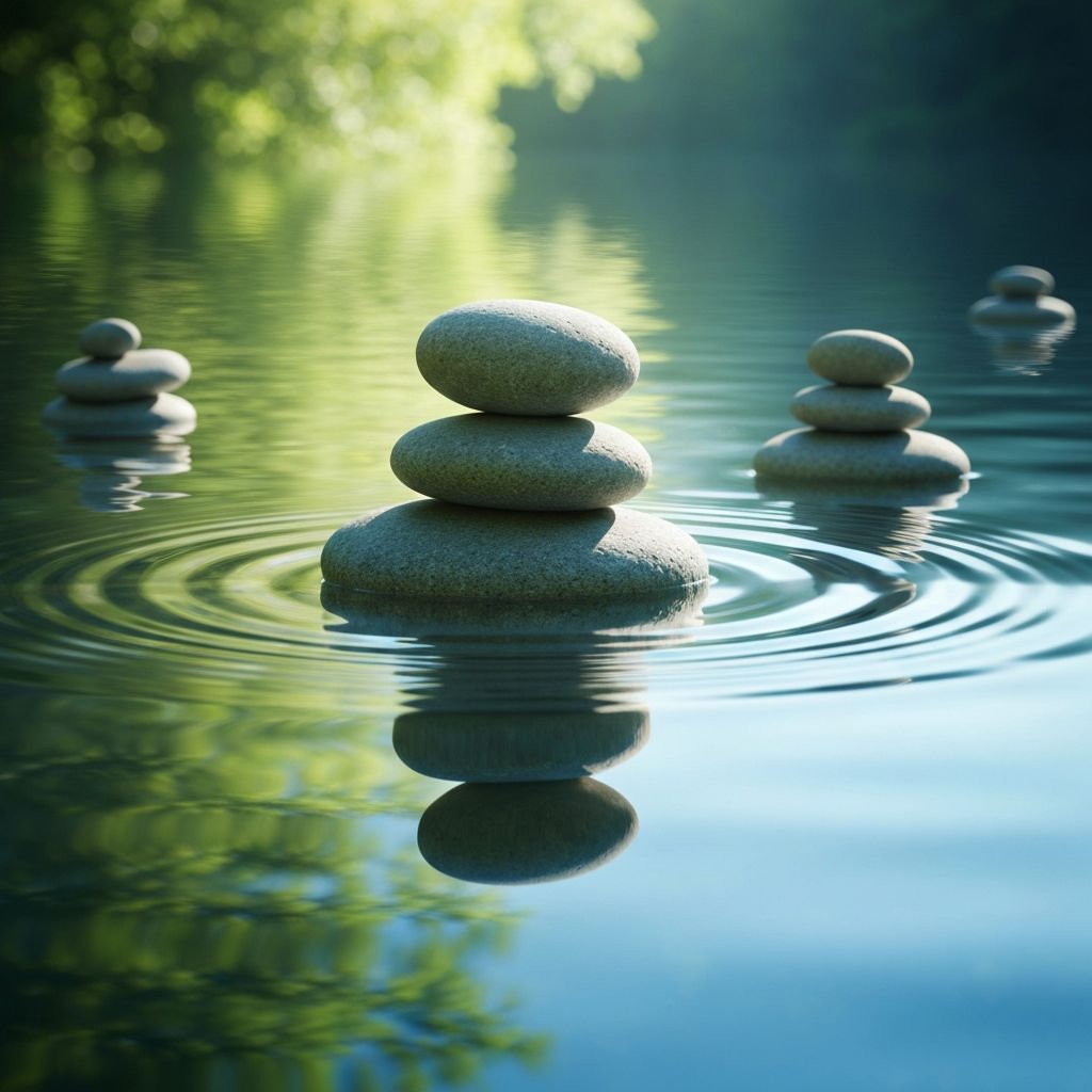 Балансирани камъни, водни мехурчета, мирна природна среда, хармония
