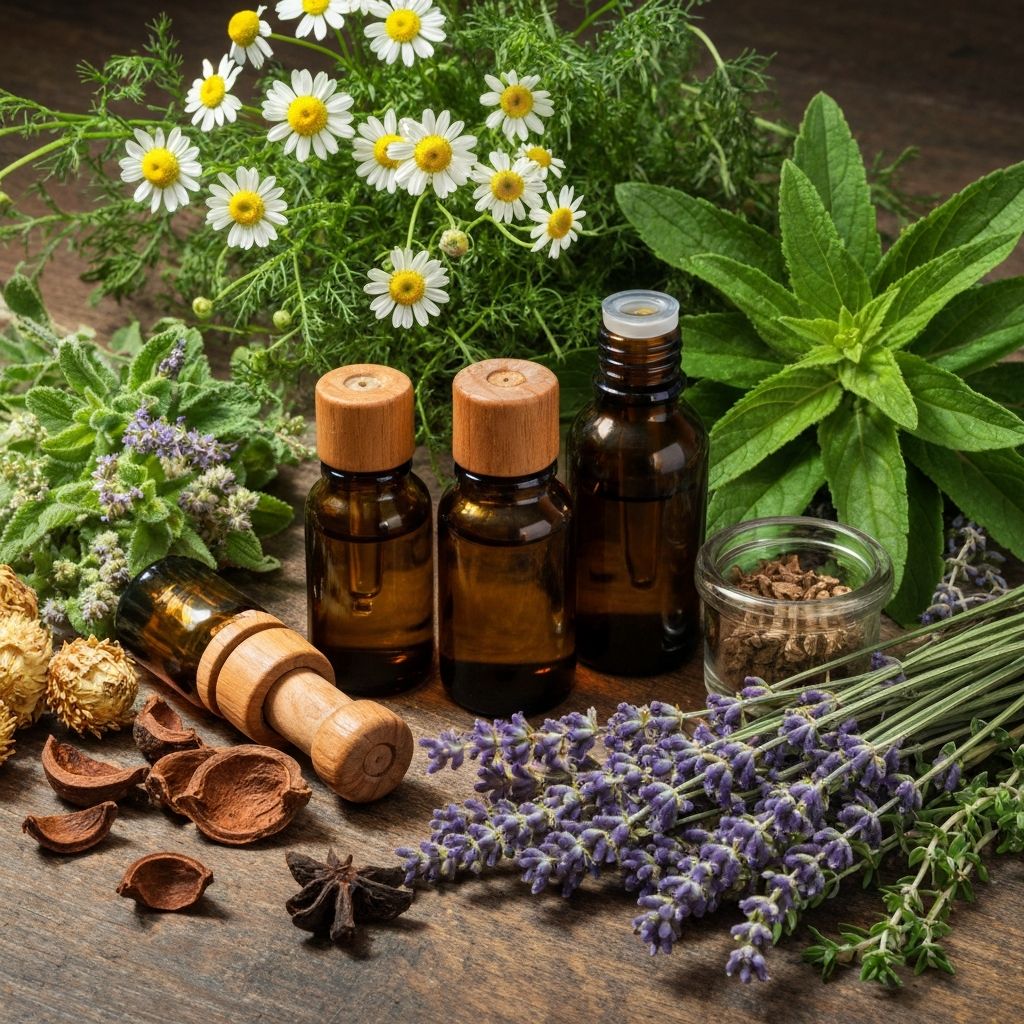 Лечебни билки и растения, етерични масла в бутилки, природни съставки